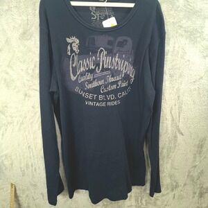Retro Rugged Navy Blue Waffle Knit Thermal Graphic Shirt Large Biker West Coast